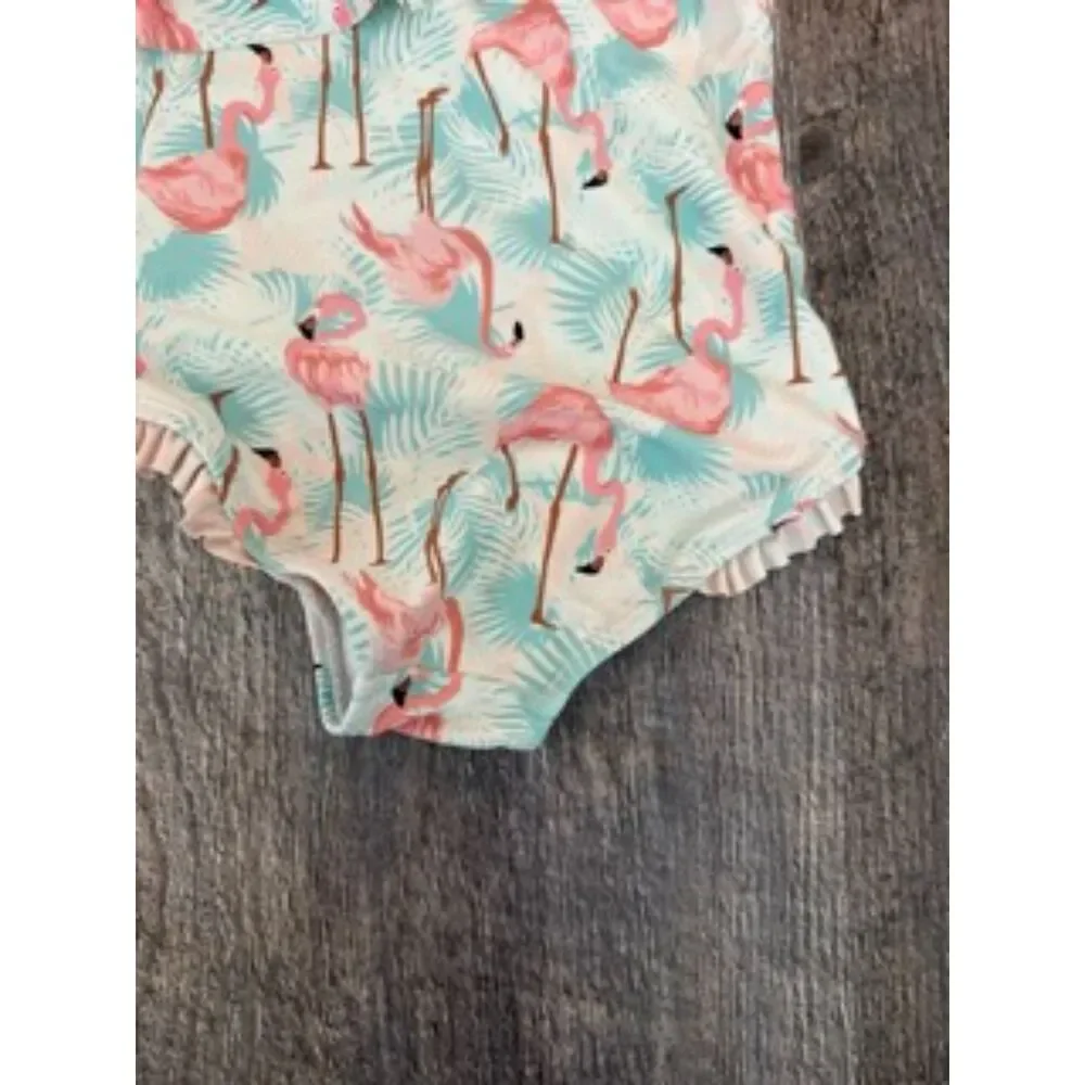 RuffleButts Girls 4T Flamingo Tropical Ruffle One Piece Swimsuit Aqua Pink